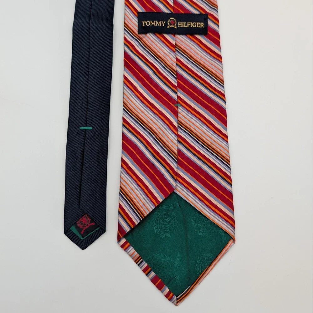 Tommy Hilfiger Mens Tie Red Blue Orange Multi Stripe Silk Prep Business 58.5